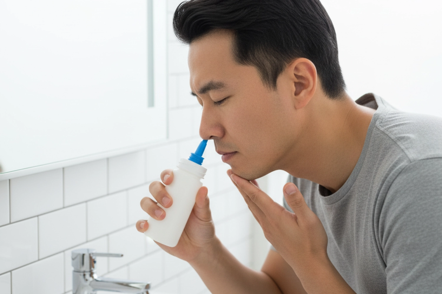 一名男子正在使用洗鼻器進行鼻腔沖洗,這是鼻息肉術後保養的關鍵步驟